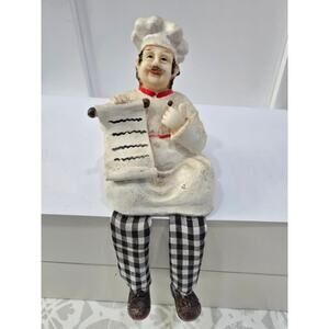 Chef Shelf-Sitter Figurine with Menu Scroll & Gingham Legs – Kitchen Décor